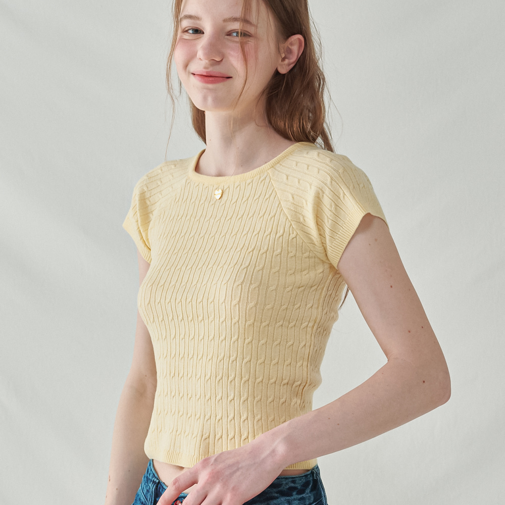 SQUARE NECK CABLE SHORT SLEEVE KNIT YELLOW